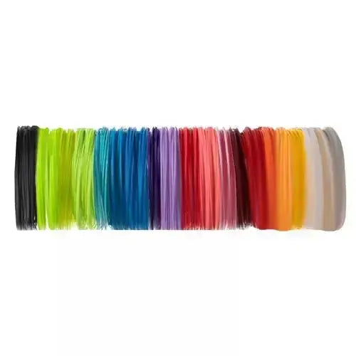 Filamente PLA 1.75 mm pentru creion 3D, set de 20 culori, aranjate în linie pentru evidențierea diversității.