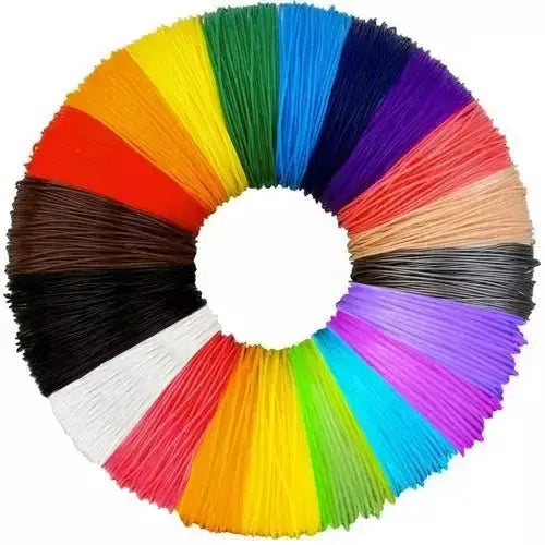 Set 20 X 3m filamente PLA 1.75 mm pentru creion 3D, multicolor, dispuse circular pentru o prezentare atractivă.