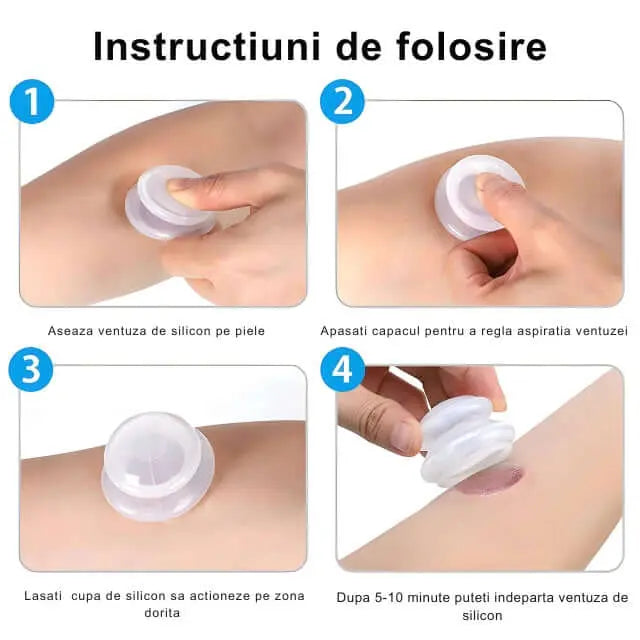 Set 4 Ventuze de Cupping Terapeutice pentru Masaj Anticelulitic si Relaxare, din Silicon, Alb Transparent - Cumpara24