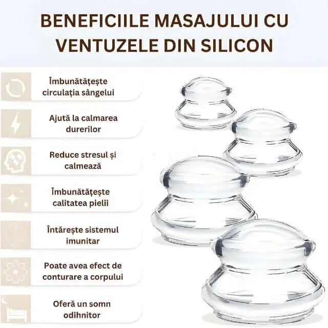 Set 4 Ventuze de Cupping Terapeutice pentru Masaj Anticelulitic si Relaxare, din Silicon, Alb Transparent - Cumpara24