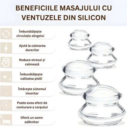 Set 4 Ventuze de Cupping Terapeutice pentru Masaj Anticelulitic si Relaxare, din Silicon, Alb Transparent - Cumpara24
