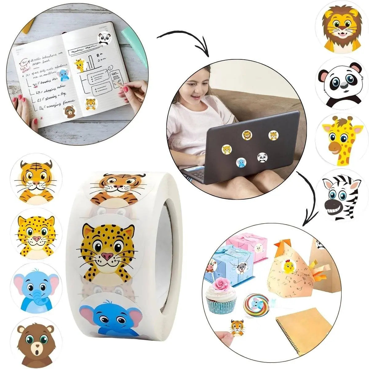 Set 500 de Etichete Autoadezive, TechGS, Model Animalute pentru Cadouri, Agende, Recipiente, Termos, Tip Sticker Decorativ 3.8 cm, Multicolor - Cumpara24