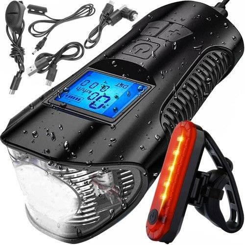 Set Lumina LED pentru Bicicleta Fata + Spate cu Contor si Claxon - Cumpara24