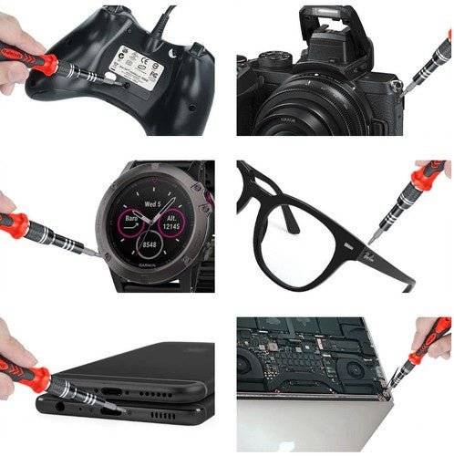 Set Scule Pentru Mecanica de Precizie 110 buc utilizat pentru reparații diverse, inclusiv ceasuri, ochelari, camere foto și dispozitive electronice.