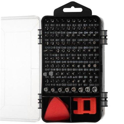 Cutie cu 110 capete de șurubelniță din Set Scule Pentru Mecanica de Precizie 110 buc, potrivită pentru diverse tipuri de șuruburi și dispozitive.