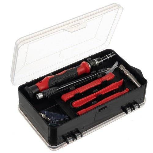 Set Scule Pentru Mecanica de Precizie 110 buc într-o cutie deschisă, evidențiind șurubelnițele, pensetele și accesoriile incluse pentru reparații.