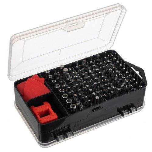 Cutie organizată cu 110 capete de șurubelniță din Set Scule Pentru Mecanica de Precizie, ideală pentru reparații electronice și mecanice de precizie.