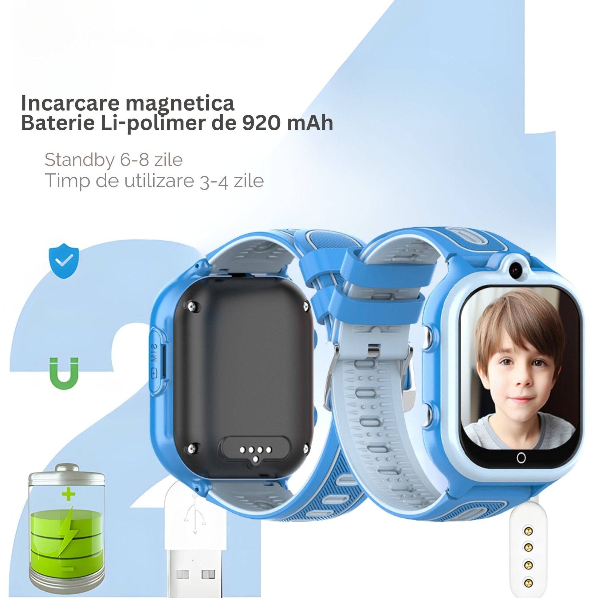 Smartwatch DF91, 1.85 Inch pentru Copii cu GPS si Localizare Spion KidLife, 4G, Albastru - Cumpara24