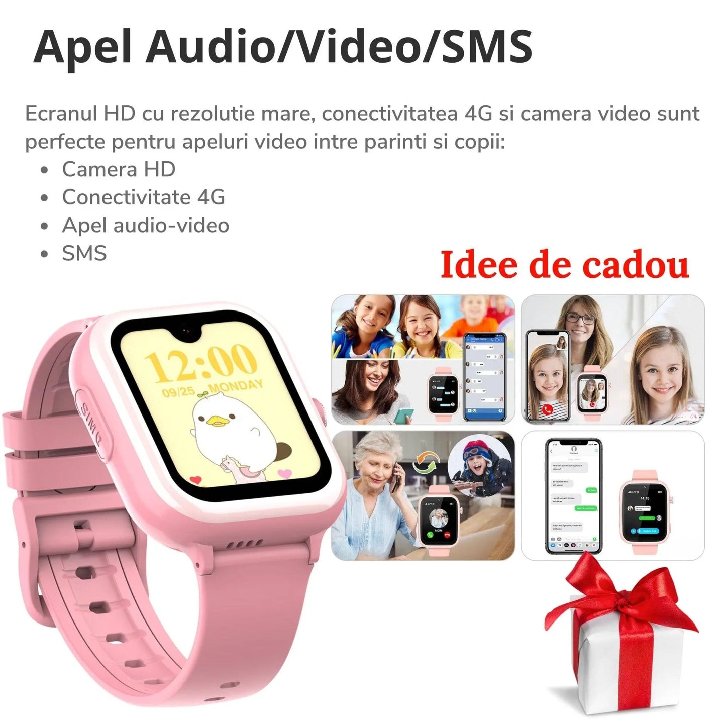 Smartwatch M01 pentru Copii cu GPS si Localizare Spion, 4G, KidLife, Roz - Cumpara24
