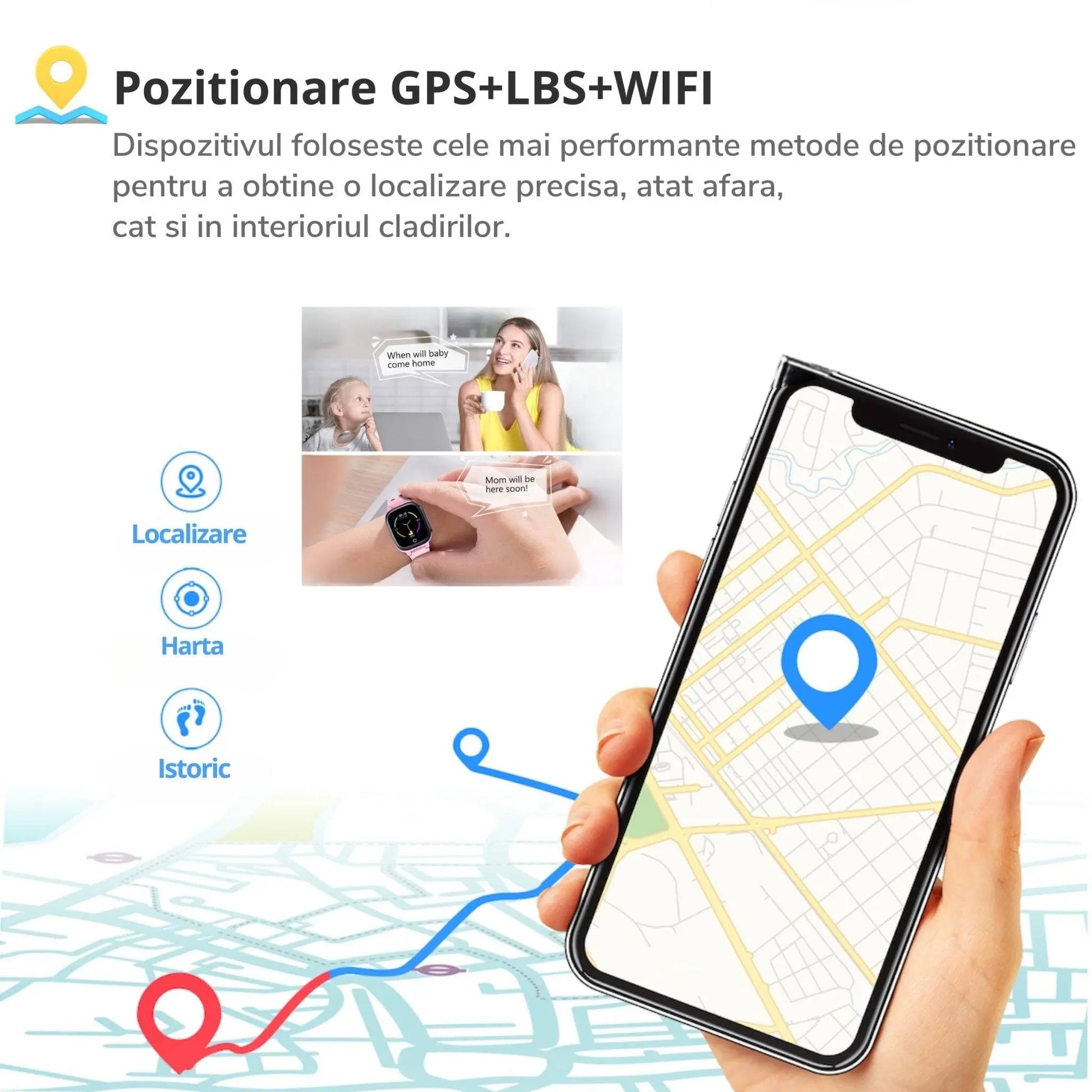 Smartwatch M01 pentru Copii cu GPS si Localizare Spion KidLife, 4G, Albastru - Cumpara24