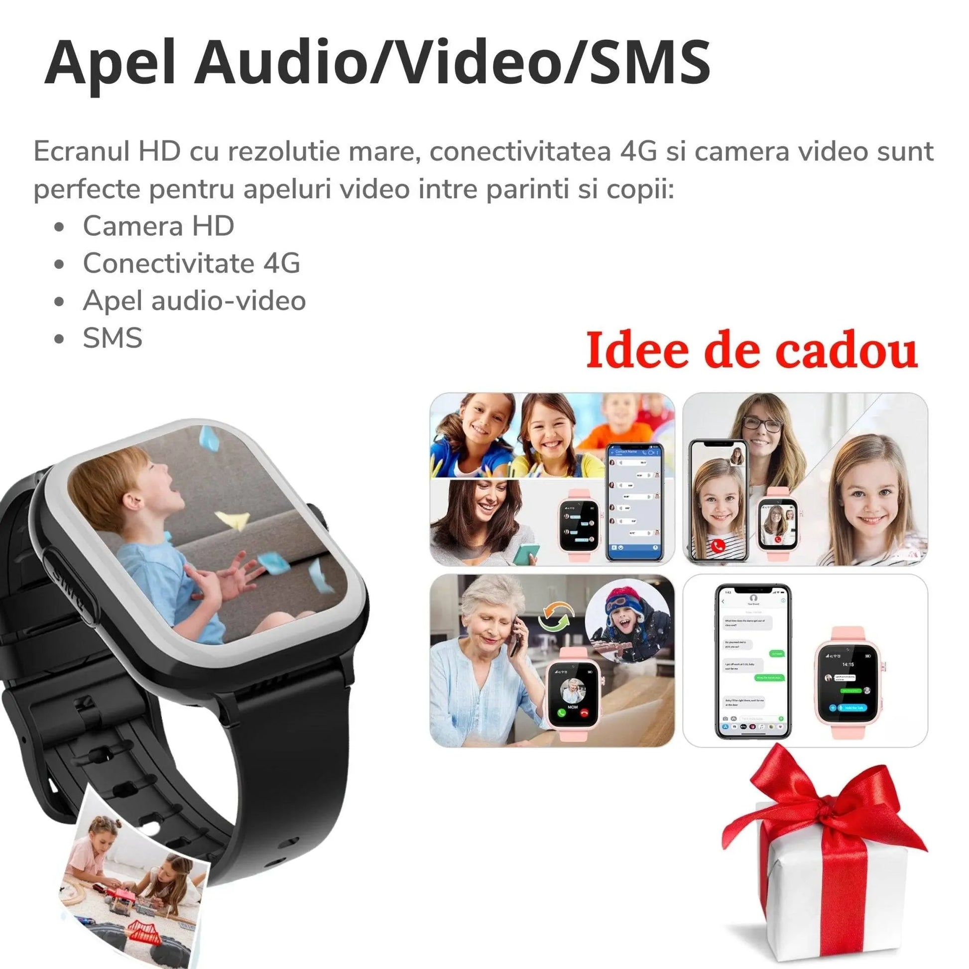 Smartwatch M01 pentru Copii cu GPS si Localizare Spion KidLife, 4G, Negru - Cumpara24