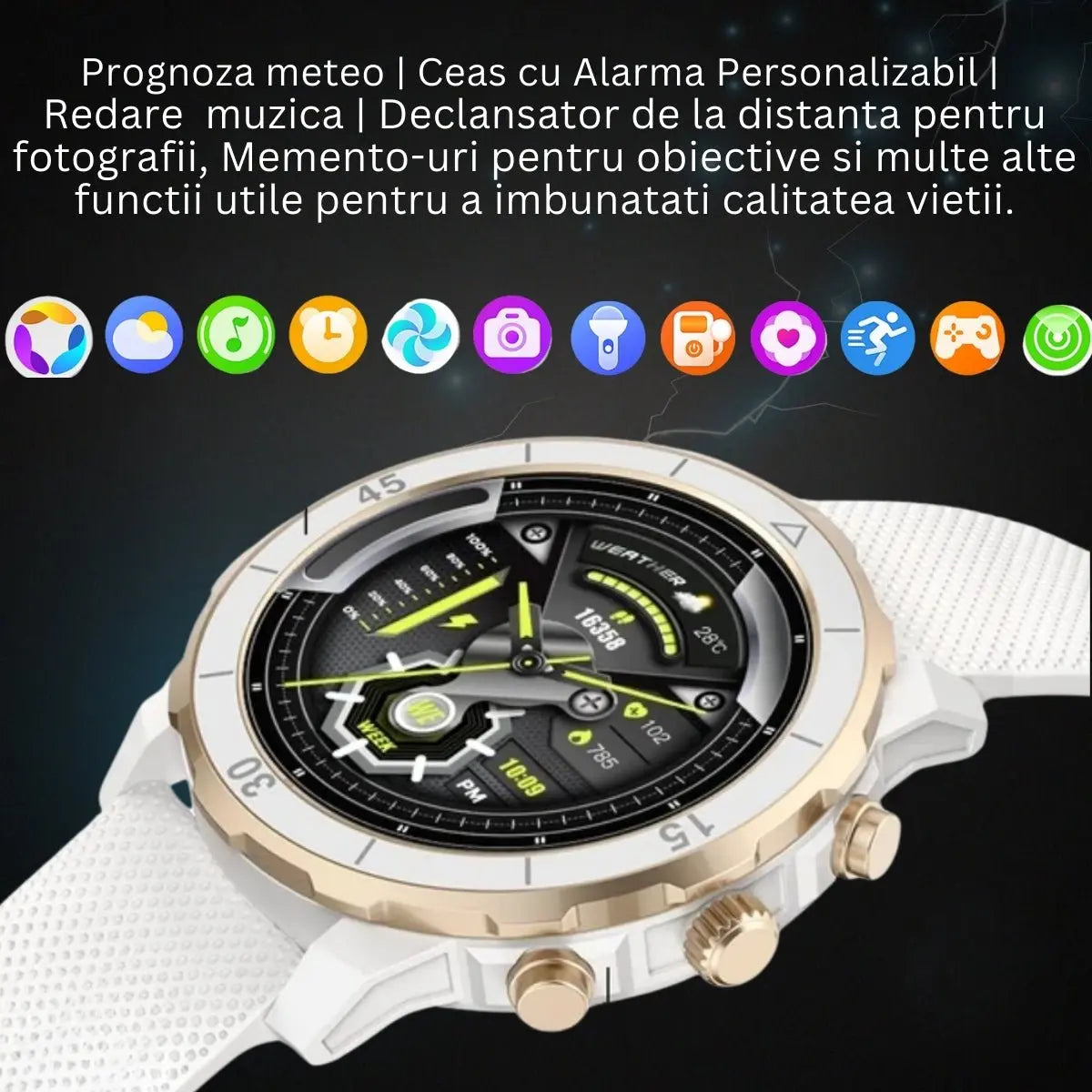 Smartwatch TechGS®, Ecran TFT HD 1.27", Bluetooth 5.2, Monitorizare Cardiaca/Oxigen Sange, 100+ Modele Sportive, Rezistent la Apa IP67, Apeluri Bluetooth, Compatibil Android & iOS, Alb - Cumpara24