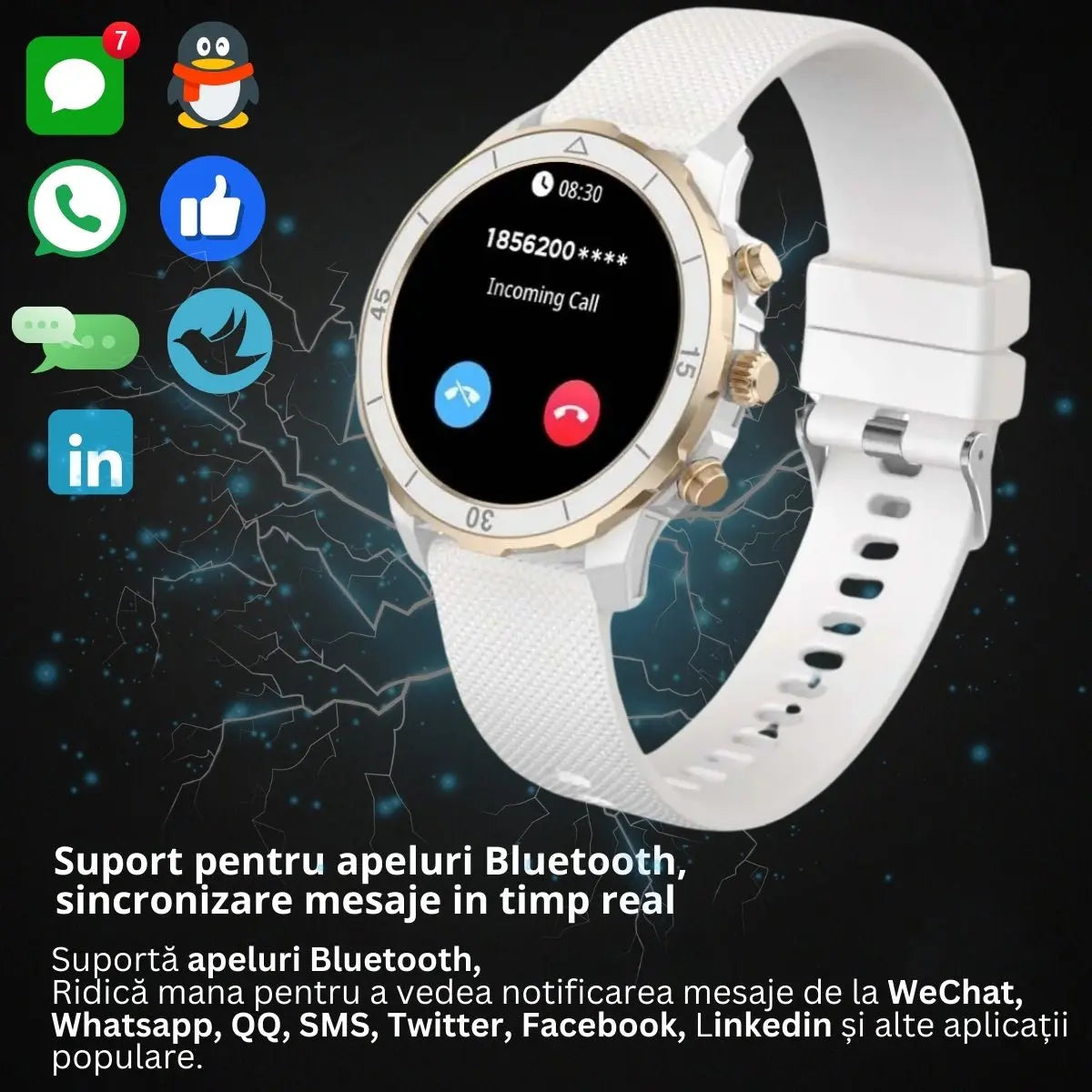 Smartwatch TechGS®, Ecran TFT HD 1.27", Bluetooth 5.2, Monitorizare Cardiaca/Oxigen Sange, 100+ Modele Sportive, Rezistent la Apa IP67, Apeluri Bluetooth, Compatibil Android & iOS, Alb - Cumpara24