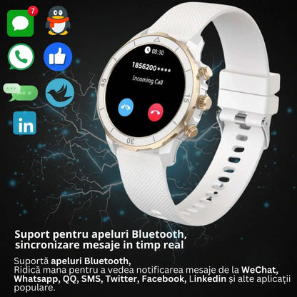 Smartwatch TechGS®, Ecran TFT HD 1.27", Bluetooth 5.2, Monitorizare Cardiaca/Oxigen Sange, 100+ Modele Sportive, Rezistent la Apa IP67, Apeluri Bluetooth, Compatibil Android & iOS, Alb - Cumpara24