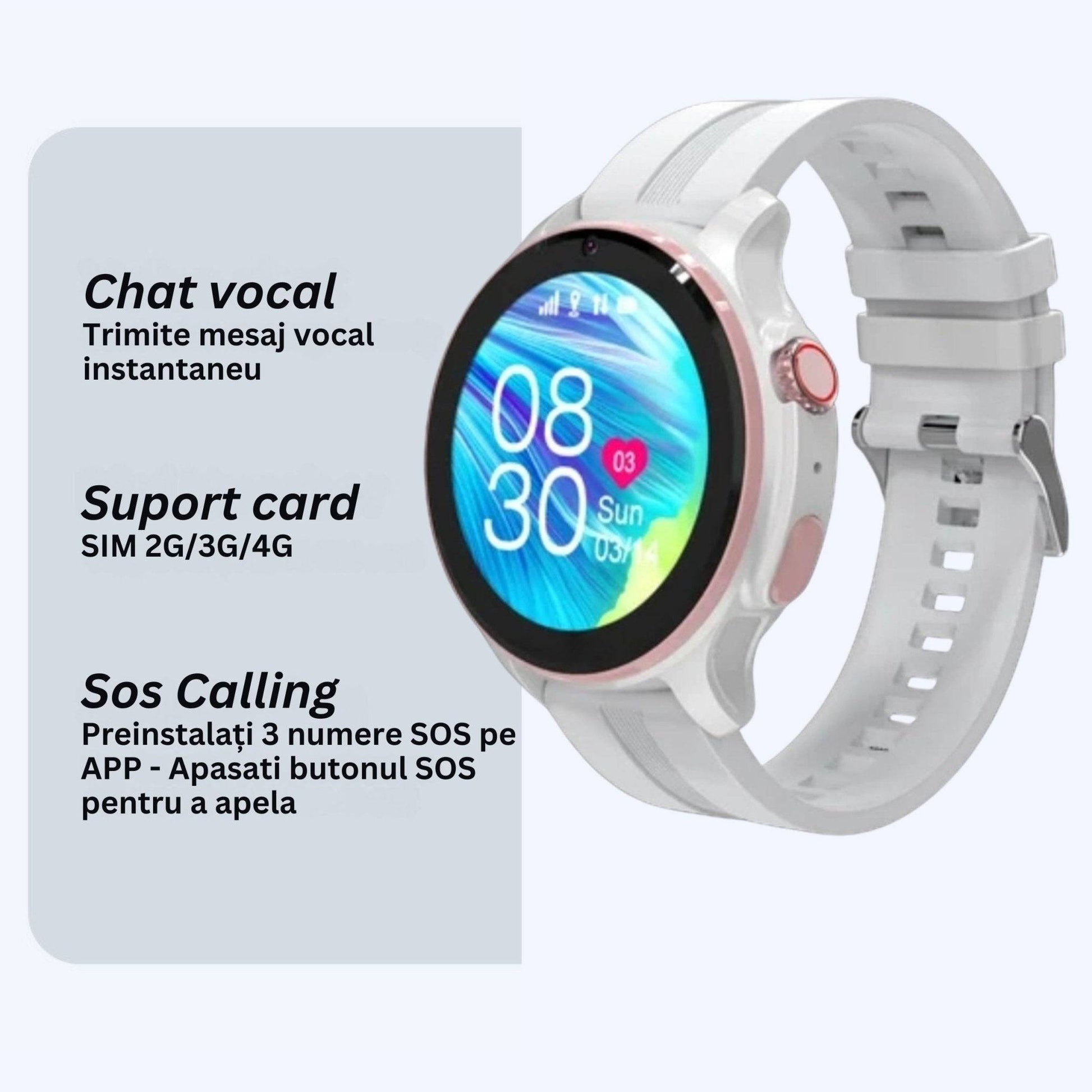 Smartwatch VLT46, 1.38 inch IPS pentru Copii cu GPS si Localizare Spion KidLife, 48.8x41.4x16mm4G, Alb - Cumpara24
