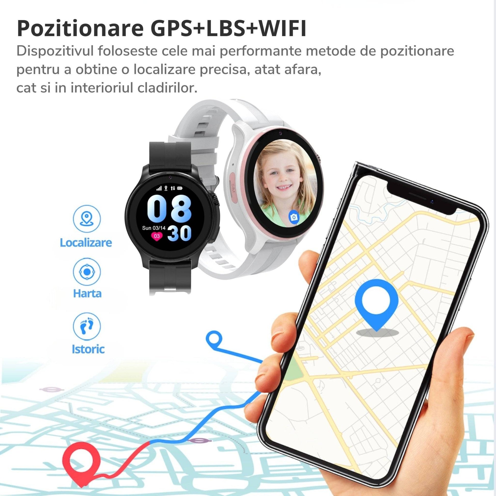 Smartwatch VLT46, 1.38 inch IPS pentru Copii cu GPS si Localizare Spion KidLife, 48.8x41.4x16mm4G, Negru - Cumpara24