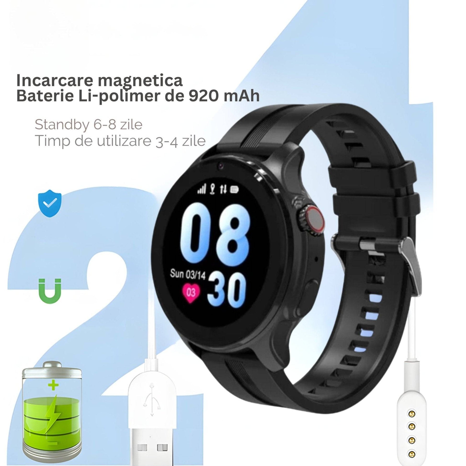 Smartwatch VLT46, 1.38 inch IPS pentru Copii cu GPS si Localizare Spion KidLife, 48.8x41.4x16mm4G, Negru - Cumpara24