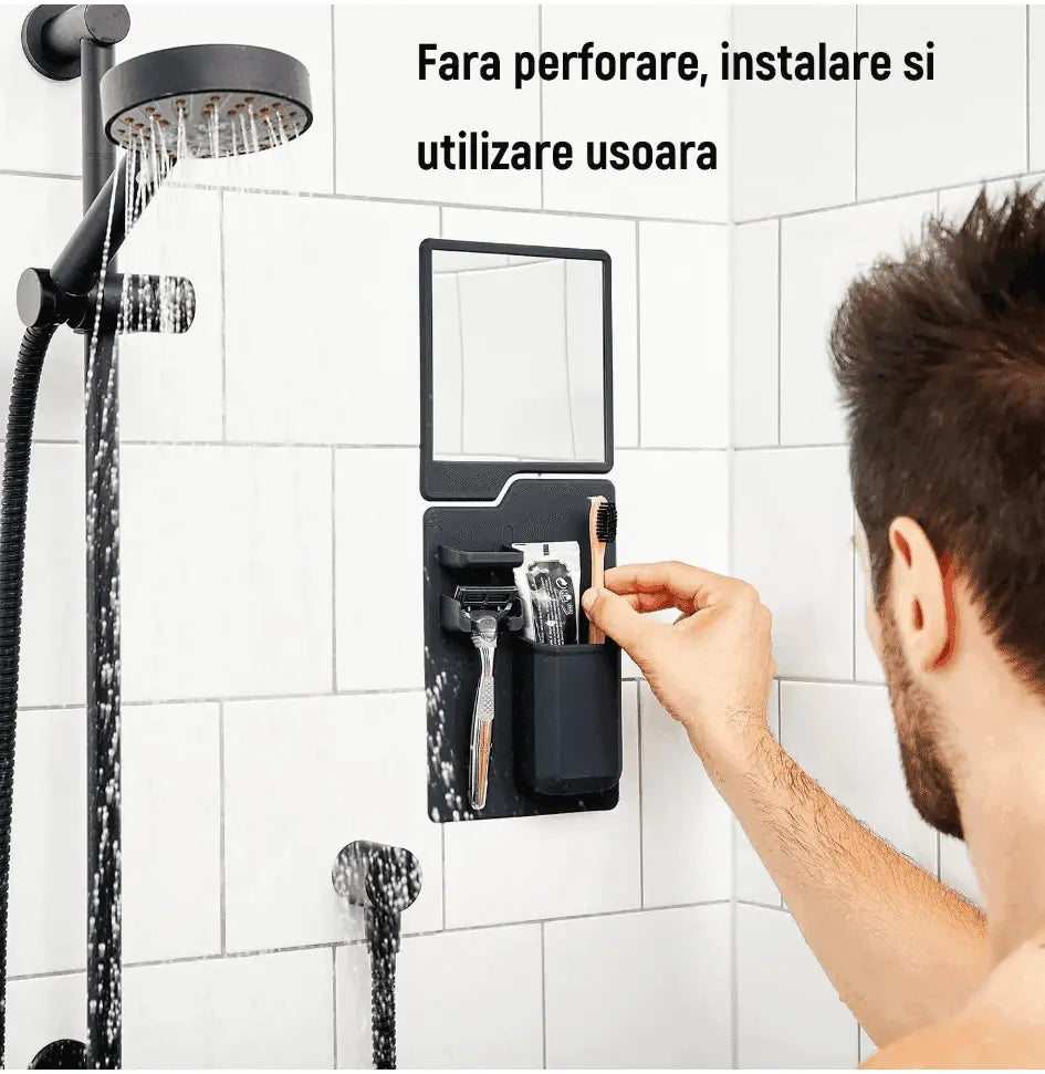 Suport Depozitare Baie Multifunctional, Cu oglinda, Montare pe Perete/Sticla din Silicon, Negru - Cumpara24