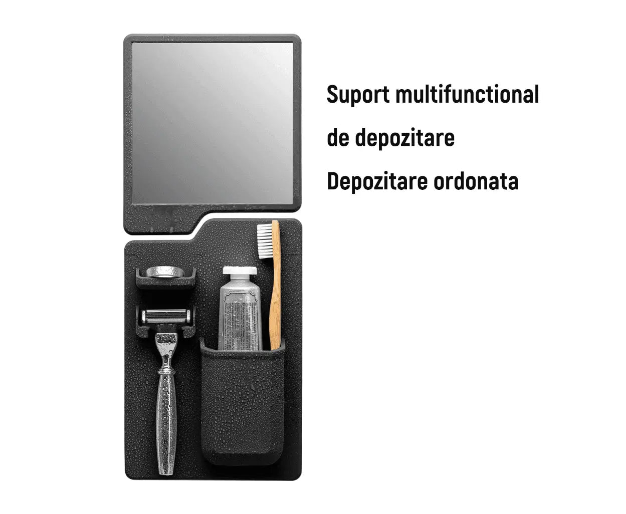 Suport Depozitare Baie Multifunctional, Cu oglinda, Montare pe Perete/Sticla din Silicon, Negru - Cumpara24