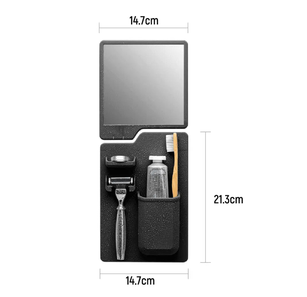 Suport Depozitare Baie Multifunctional, Cu oglinda, Montare pe Perete/Sticla din Silicon, Negru - Cumpara24