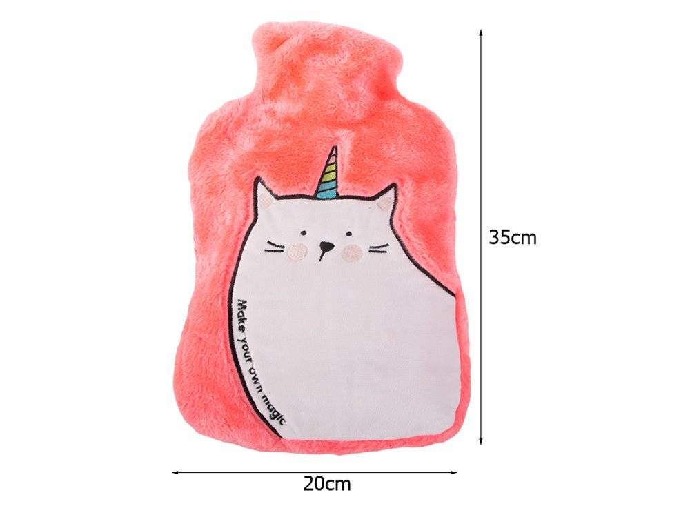 Dimensiunile termoforului din cauciuc cu husă din pluș moale, 35 cm x 20 cm. Ideal pentru ameliorarea durerilor și relaxare.