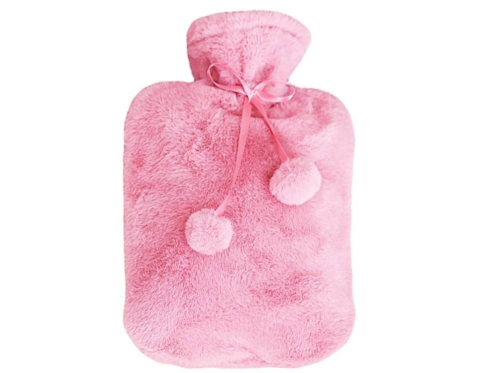 Termofor mare 1.7L cu husă din pluș moale roz, accesoriu ideal pentru confort termic și relaxare în orice moment al zilei.