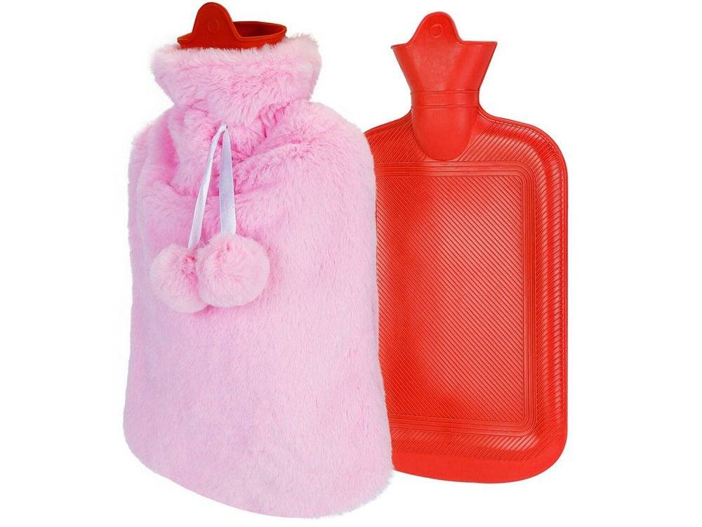 Termofor mare 1.7L cu husă din pluș moale roz și cauciuc roșu, ideal pentru confort termic și ameliorarea durerilor musculare.