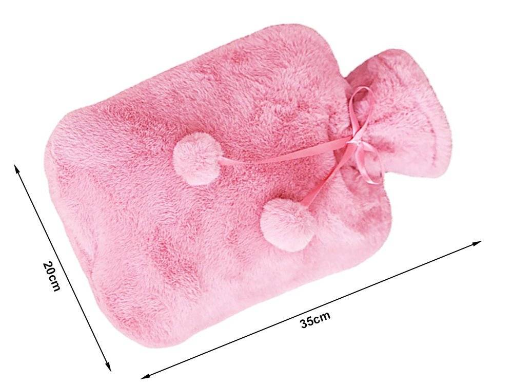 Dimensiuni termofor mare 1.7L cu husă din pluș moale roz, 35cm x 20cm, perfect pentru confort termic și relaxare.
