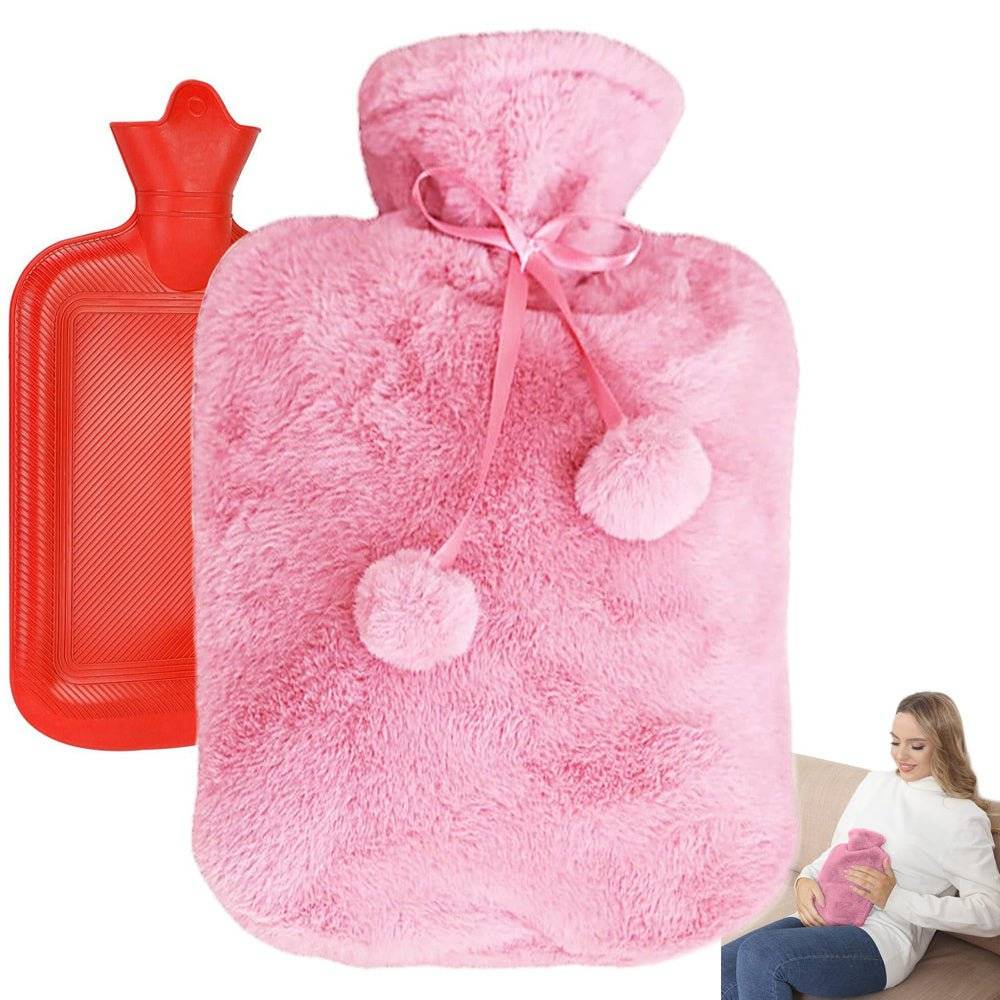 Termofor mare 1.7L din cauciuc cu husă din pluș moale roz, ideal pentru confort termic. Perfect pentru ameliorarea durerilor și relaxare.