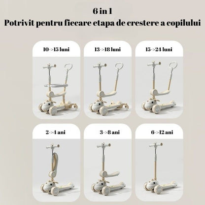 Trotineta Multifunctionala 6 in 1 pentru Copii De La 10 Luni Pana La 12 Ani, Pliere Usoara, Reglarea Inaltimii, Model Dinozaur, Alb/Bej