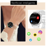 Ceas Smartwatch Dama,TechGS®, Ecran AMOLED HD 1.1 inch, Preluare Apeluri și Mesaje direct de pe Ceas, Monitorizare sănătate: Ritm cardiac/Tensiune arterială/Oxigen, Alarma, Asistent Vocal, IP68 - Cumpara24