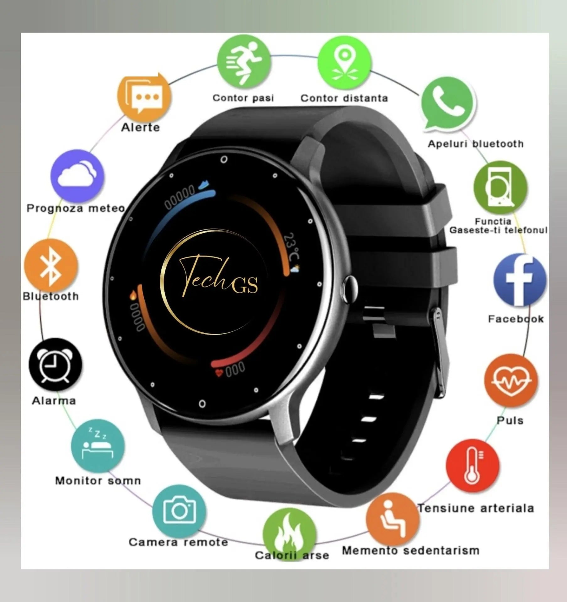 Ceas Smartwatch si Bratara Fitness, TechGS® , Notificari Apeluri/Sms/Social Media, Monitorizare Activitati Fizice, Somn, Ritm Cardiac, Rezistent la Apa, Negru - Cumpara24