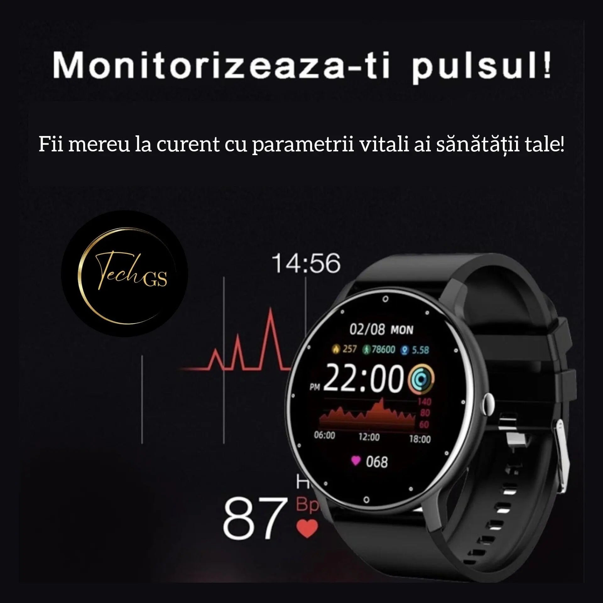 Ceas Smartwatch si Bratara Fitness, TechGS® , Notificari Apeluri/Sms/Social Media, Monitorizare Activitati Fizice, Somn, Ritm Cardiac, Rezistent la Apa, Negru - Cumpara24