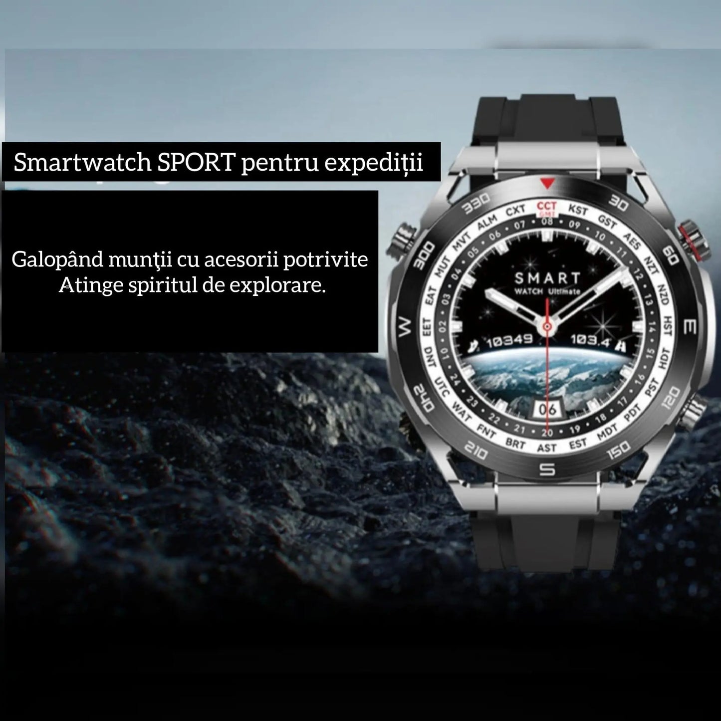 Ceas Smartwatch,TechGS®, Ultimate cu Aliaj de ZINC, Apel Bluetooth HD, Notificari Inteligente, Tensiune Arterială, Ritm Cardiac si Oxigen, Pedometru, IP68, Baterie 400 mAh - Cumpara24
