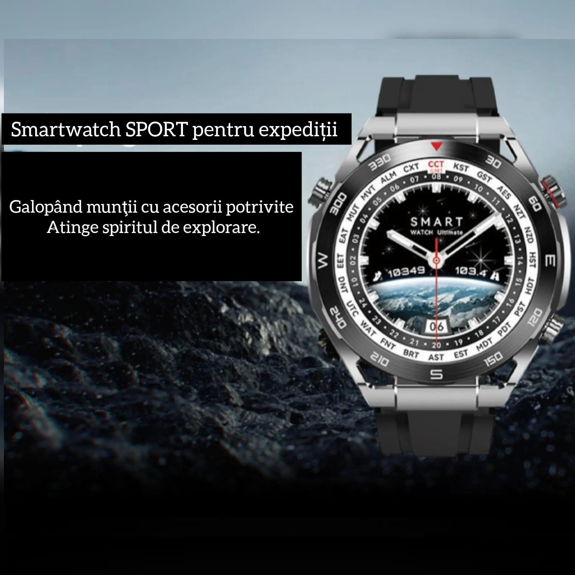 Ceas Smartwatch,TechGS®, Ultimate cu Aliaj de ZINC, Apel Bluetooth HD, Notificari Inteligente, Tensiune Arterială, Ritm Cardiac si Oxigen, Pedometru, IP68, Baterie 400 mAh - Cumpara24