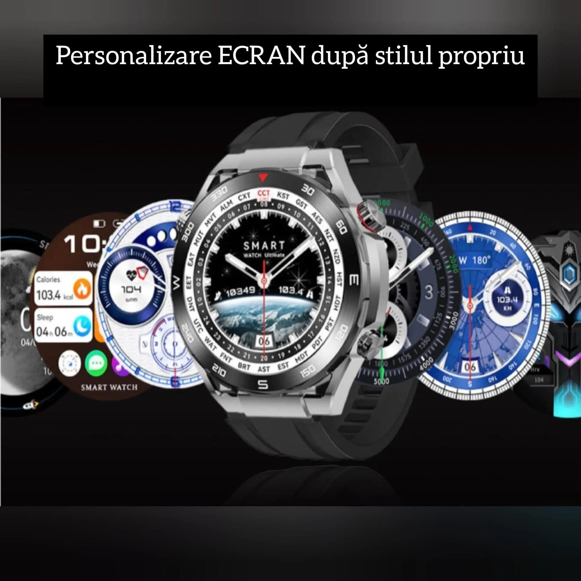 Ceas Smartwatch,TechGS®, Ultimate cu Aliaj de ZINC, Apel Bluetooth HD, Notificari Inteligente, Tensiune Arterială, Ritm Cardiac si Oxigen, Pedometru, IP68, Baterie 400 mAh - Cumpara24