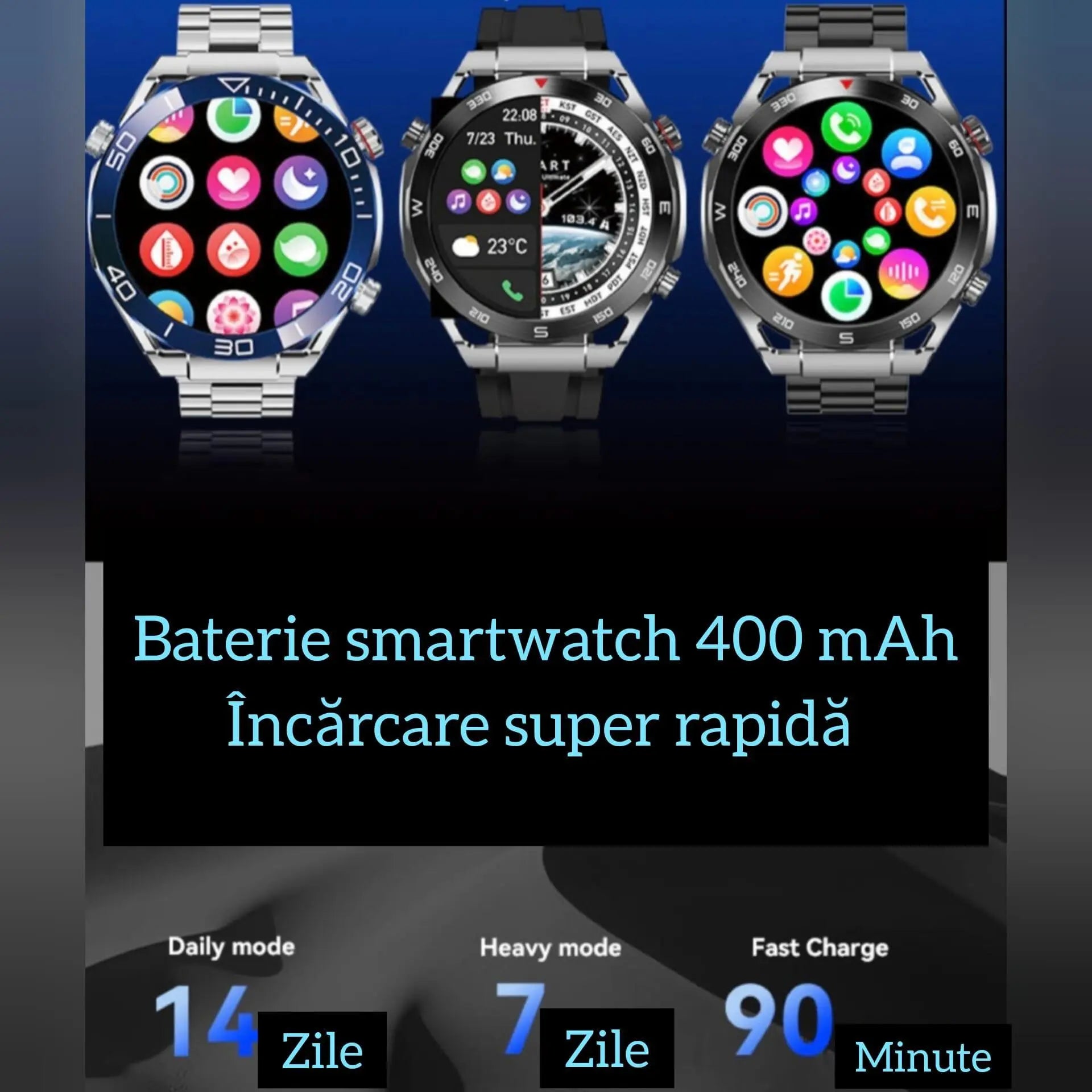 Ceas Smartwatch,TechGS®, Ultimate cu Aliaj de ZINC, Apel Bluetooth HD, Notificari Inteligente, Tensiune Arterială, Ritm Cardiac si Oxigen, Pedometru, IP68, Baterie 400 mAh - Cumpara24