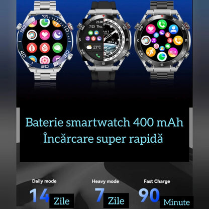Ceas Smartwatch,TechGS®, Ultimate cu Aliaj de ZINC, Apel Bluetooth HD, Notificari Inteligente, Tensiune Arterială, Ritm Cardiac si Oxigen, Pedometru, IP68, Baterie 400 mAh - Cumpara24