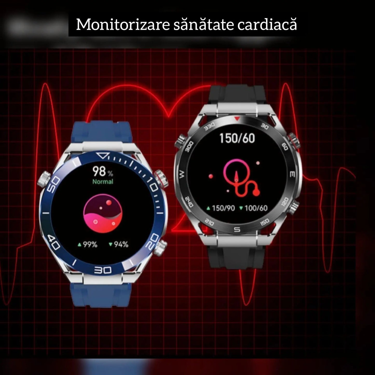 Ceas Smartwatch,TechGS®, Ultimate cu Aliaj de ZINC, Apel Bluetooth HD, Notificari Inteligente, Tensiune Arterială, Ritm Cardiac si Oxigen, Pedometru, IP68, Baterie 400 mAh - Cumpara24