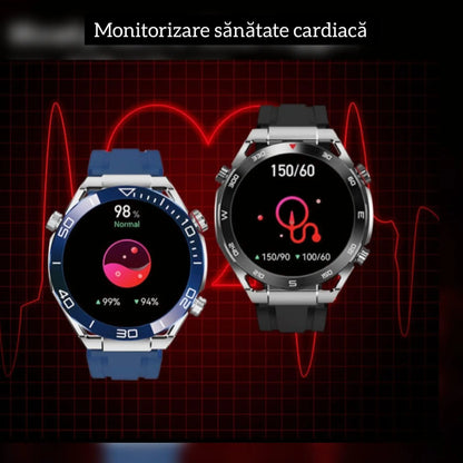 Ceas Smartwatch,TechGS®, Ultimate cu Aliaj de ZINC, Apel Bluetooth HD, Notificari Inteligente, Tensiune Arterială, Ritm Cardiac si Oxigen, Pedometru, IP68, Baterie 400 mAh - Cumpara24