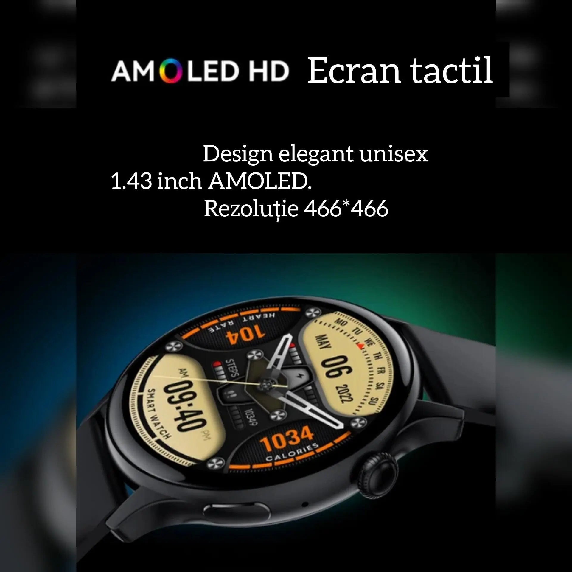 Ceas Smartwatch,TechGS®, UNISEX, Ecran AMOLED HD 1.43 inch, Preluare Apeluri/Mesaje Bluetooth, Monitorizare Sănătate/Multiple Moduri Sportive, Meniu în Limba Română - Cumpara24